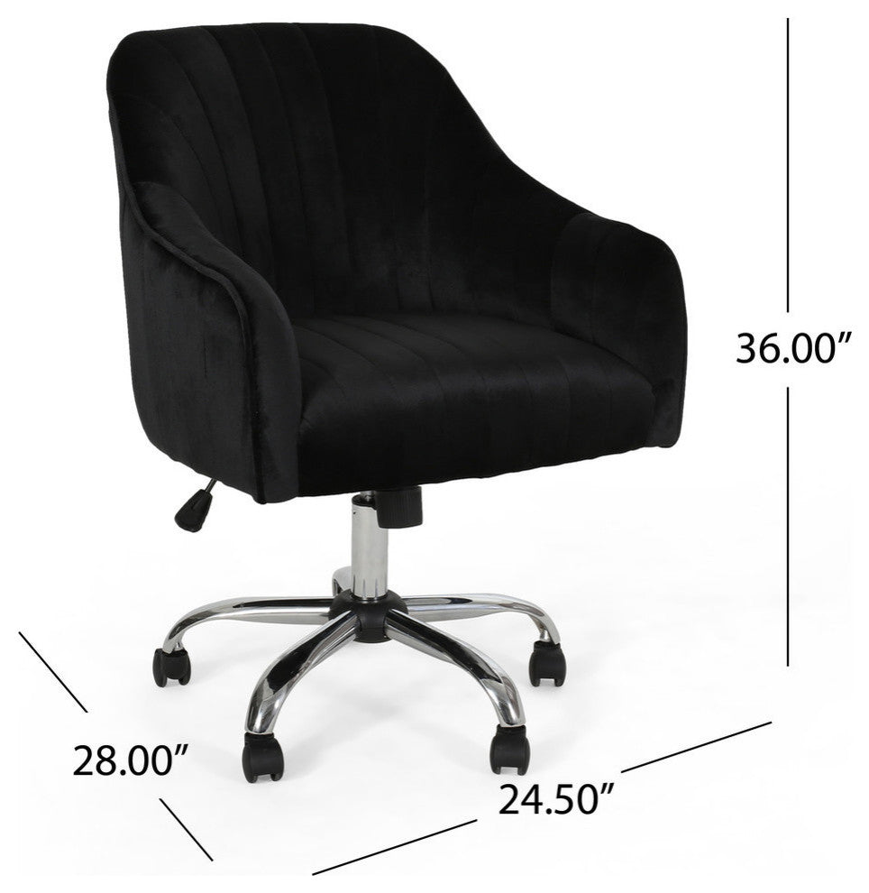 Cassandra Velvet Home Office Chair With Swivel Base, Black, Silver Finish