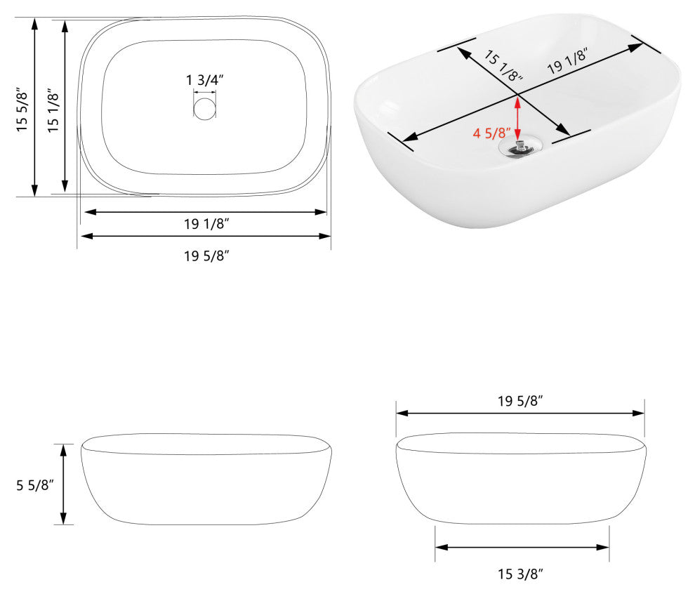 White Rectangular Ceramic Countertop Bathroom Vanity Vessel Sink