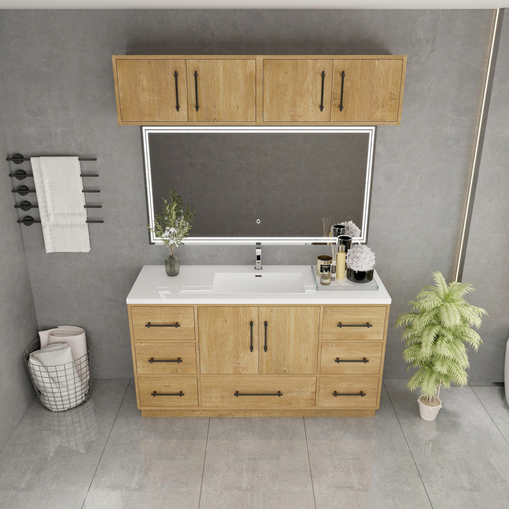 Victoria 60" Solid Wood Vanity Single Sink, Overhead Cabinet, Oak