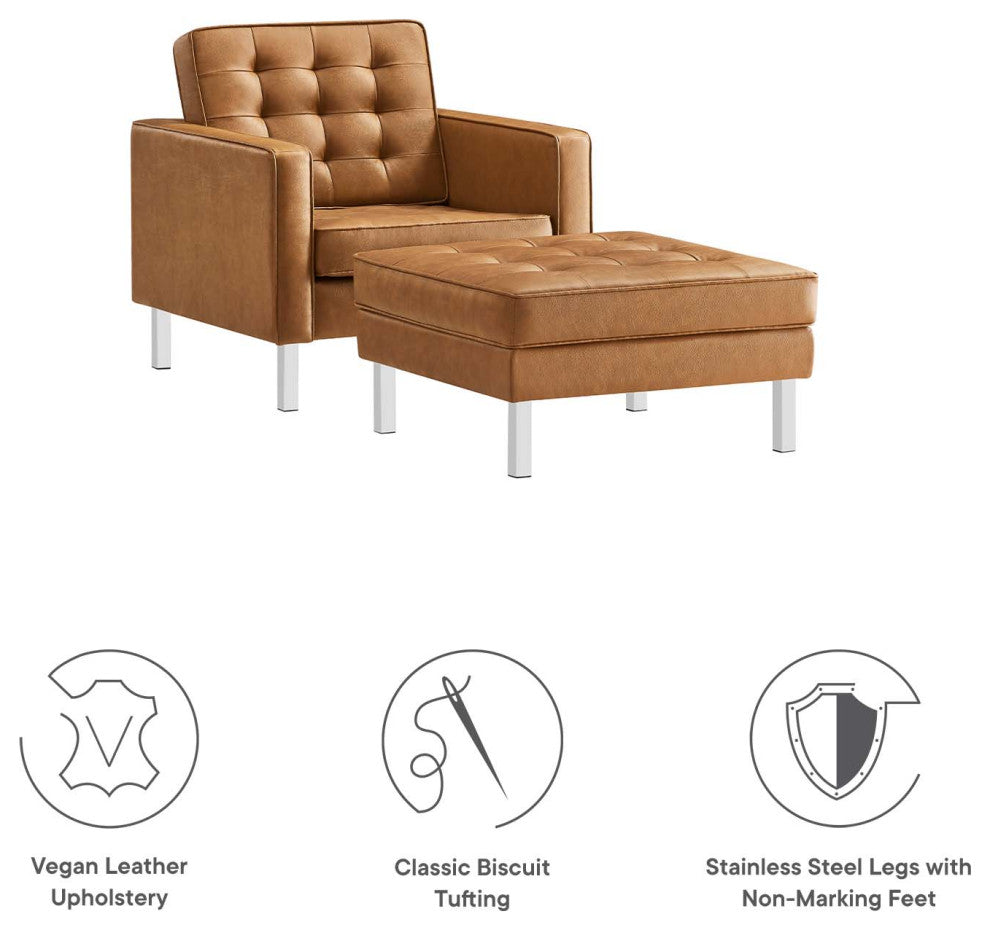 Loft Tufted Vegan Leather Armchair and Ottoman Set, Silver Tan