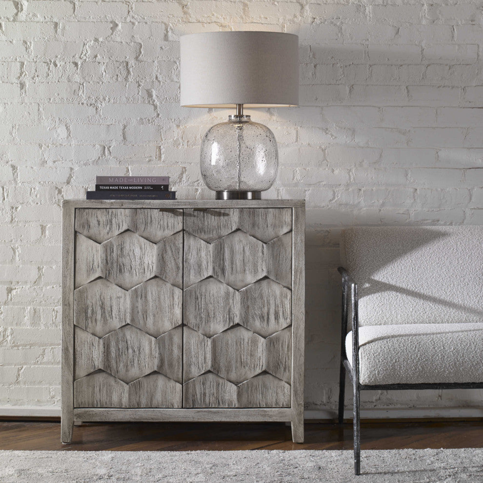 MidCentury Ivory Gray Distressed Wood Cabinet Accent Console Diamond Honeycomb