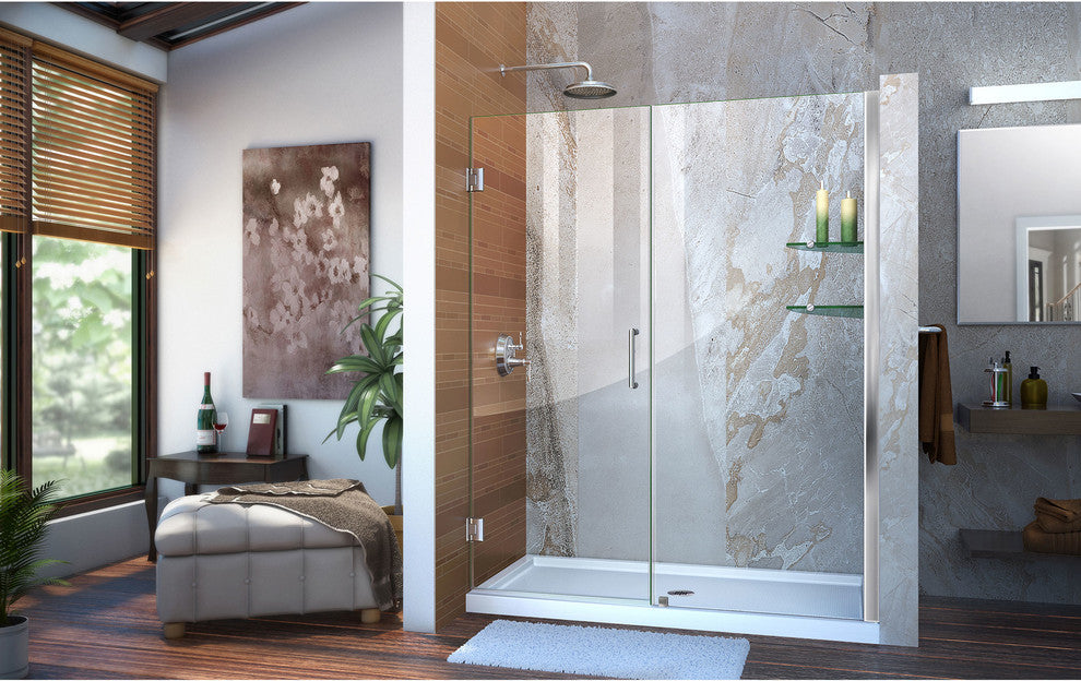 DreamLine Unidoor 55" to 56" Frameless Hinged Shower Door, Clear Glass, Chrome