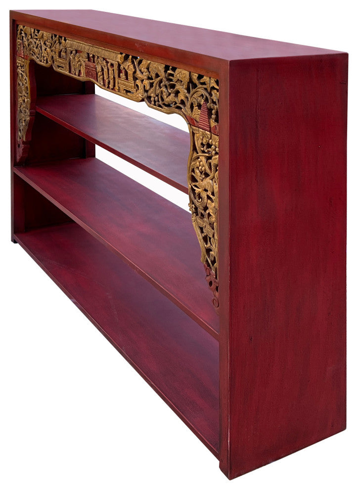 Chinese Red Golden Carving Rectangular Curio Display Stand Side Table Hcs7654