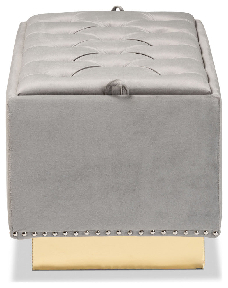 Glam and Luxe Grey Velvet Fabric Upholstered and Gold PU Leather Storage Ottoman