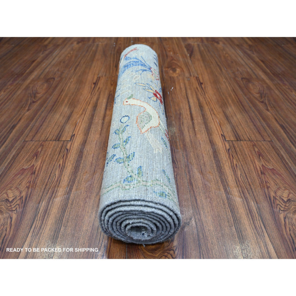 Chrome Gray 100% Wool Afghan Peshawar Hand Knotted Runner Rug, 2'6"x7'10"