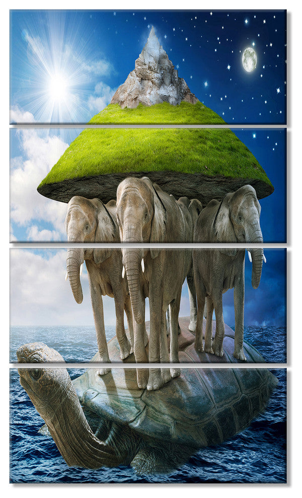 Giant Turtle Carrying Elephants, Abstract Canvas Art Print, 28"x48", 4 Panels