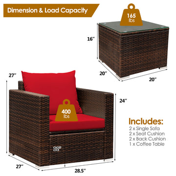 Costway 3PCS Patio Rattan Furniture Set Sofa Cushioned Garden Red