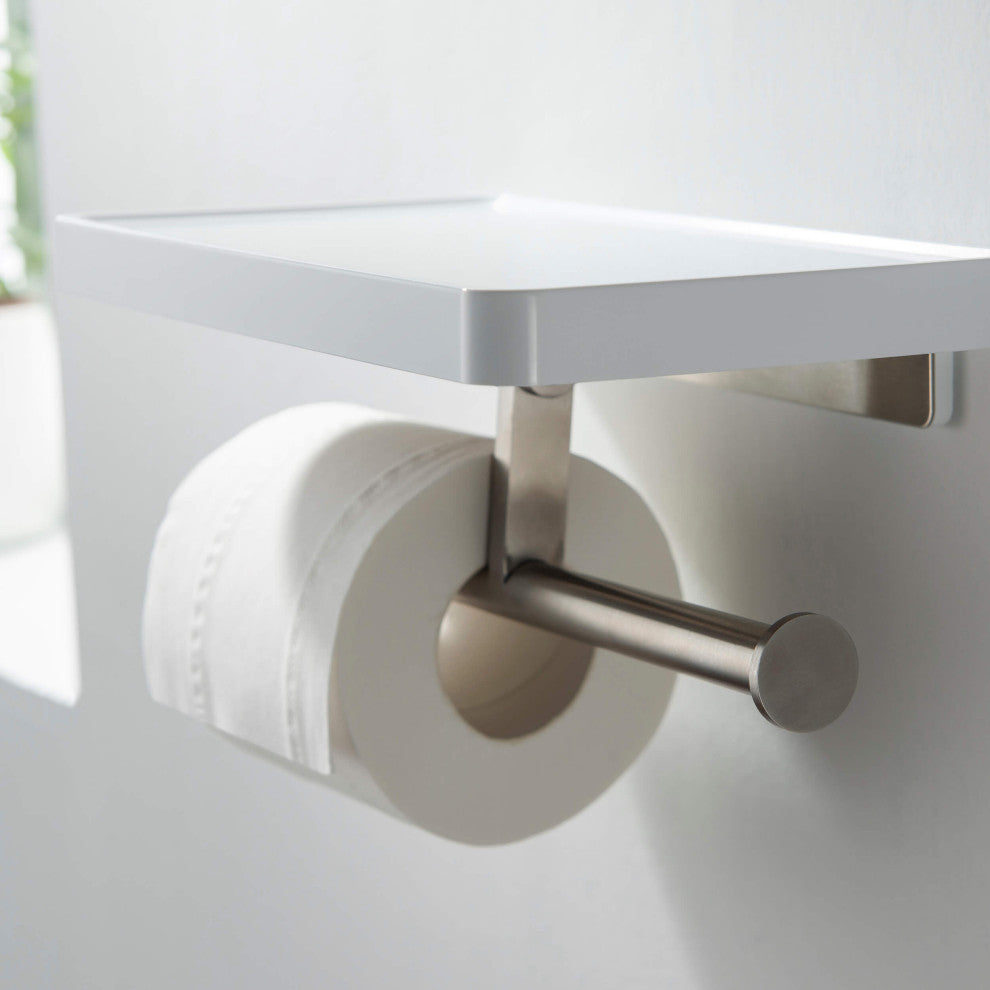 Deco Bathroom Toilet Paper Holder Double Roll With Shelf, Brushed Nickel
