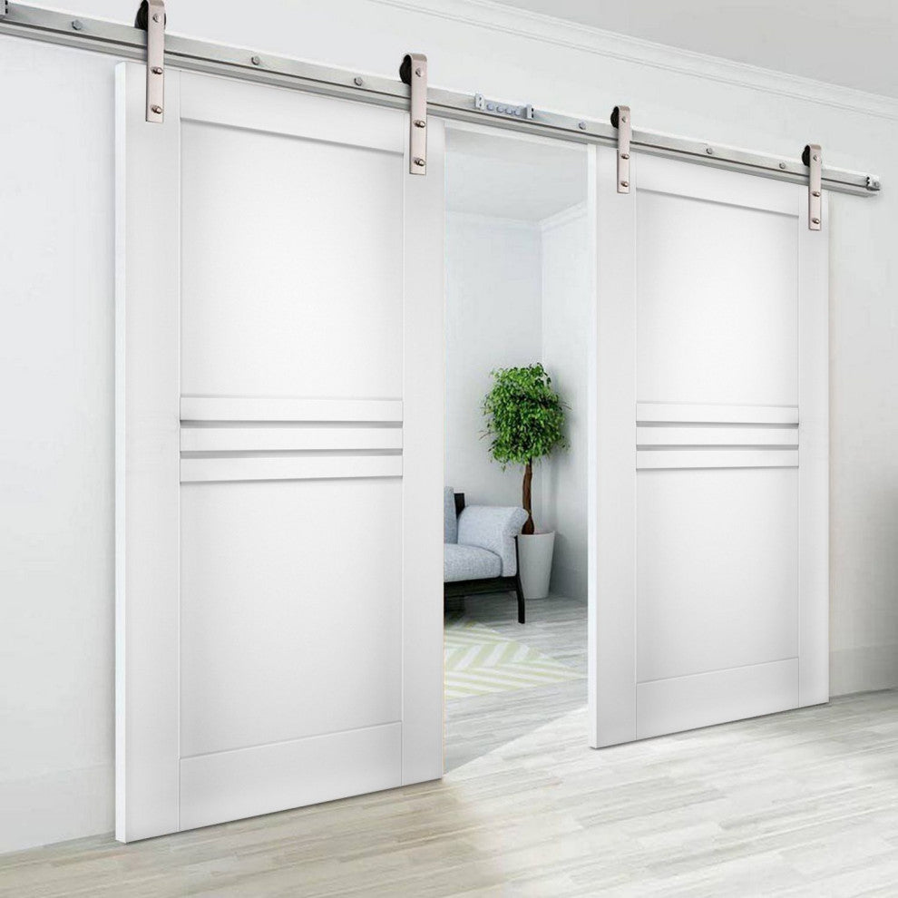 Double Barn Doors / Mela 7444 White Silk / Silver 13FT Rail, 60" X 84" ( 2* 30x84)