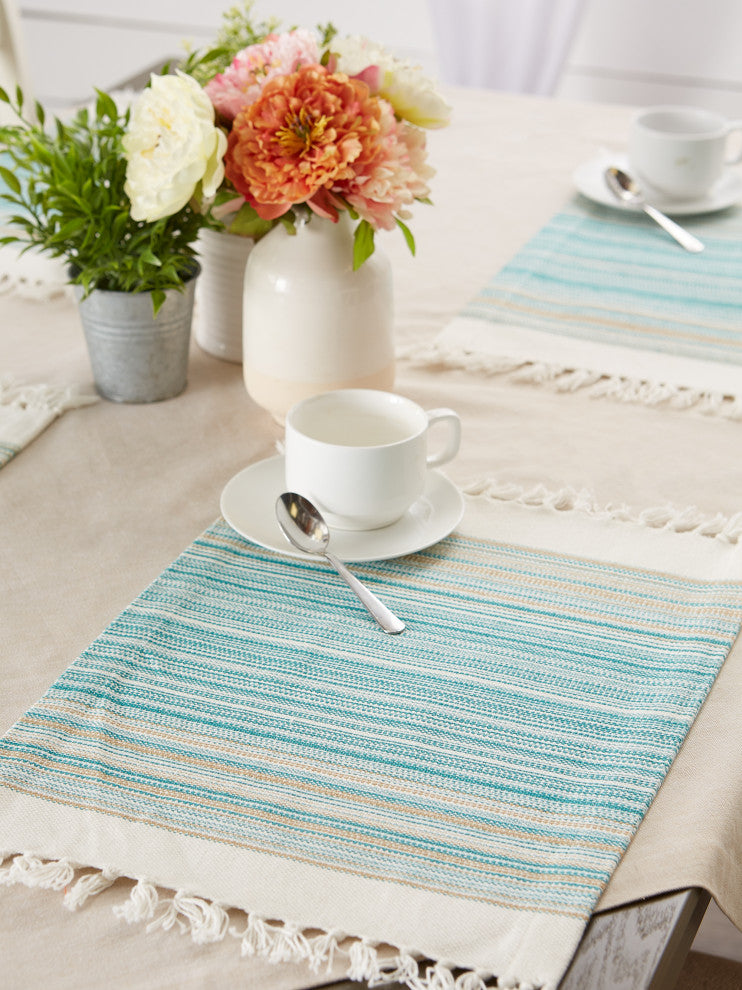 Teal Blue Striped Fringed Placemat Set of 6