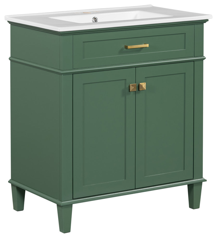 30 Inch Bathroom Vanity with Ceramic Basin, Soft-close Door, Green