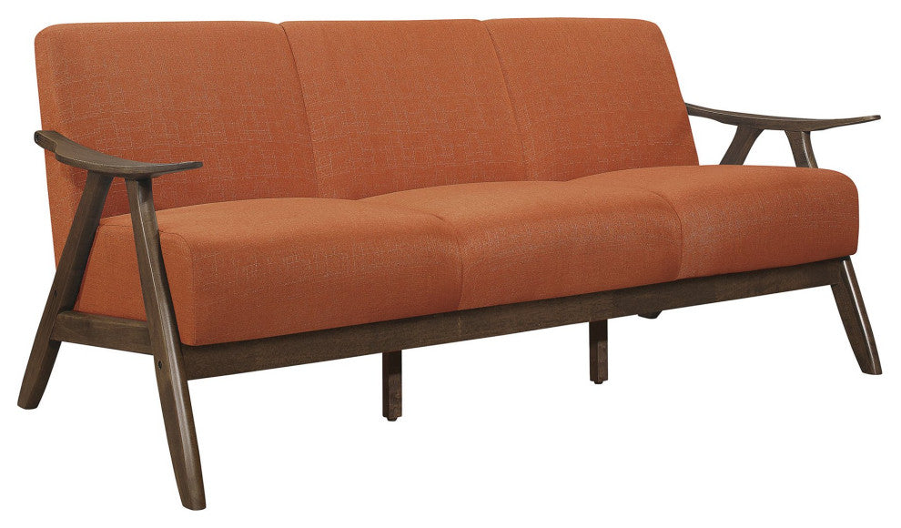 Retro Modern Sofa, Exposed Walnut Finished Frame & Cushioned Seat, Orange