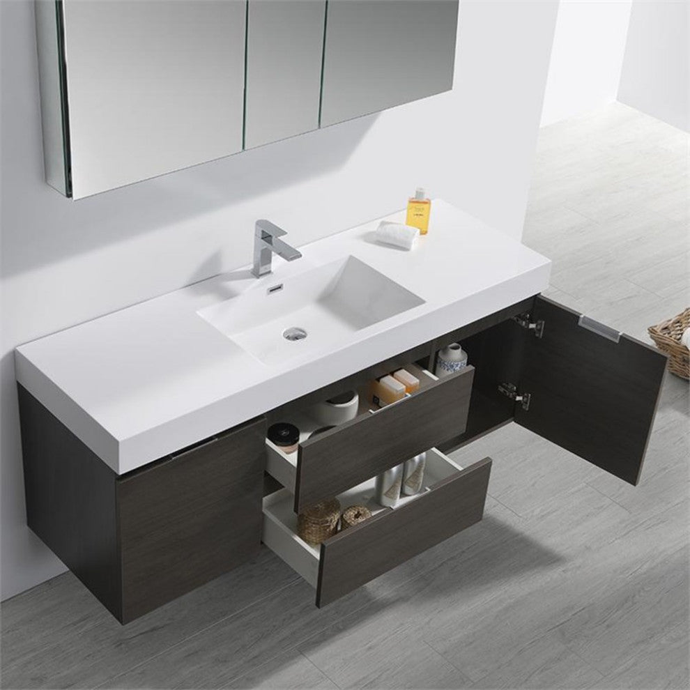 Valencia 60" Gray Oak Wall Hung Bathroom Vanity Set, Cabinet, Faucet FFT1030BN