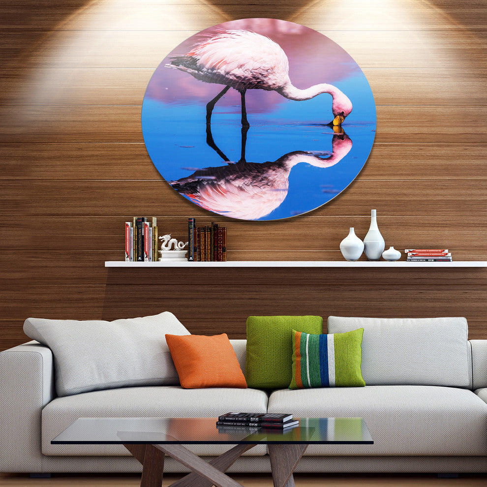 Beautiful Food Seeking Flamingo, African Large Disc Metal Wall Art, 11"