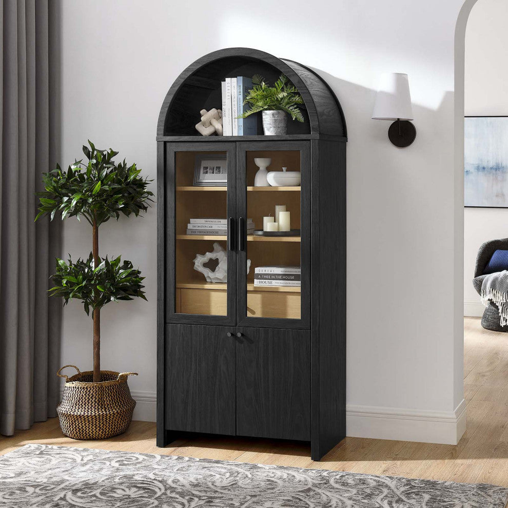 Evie Arched Tall Display Cabinet, Black Oak