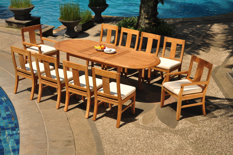 11-Piece Outdoor Teak Patio Dining Set: 94" Oval Extension Table, 10 Osbo Chairs