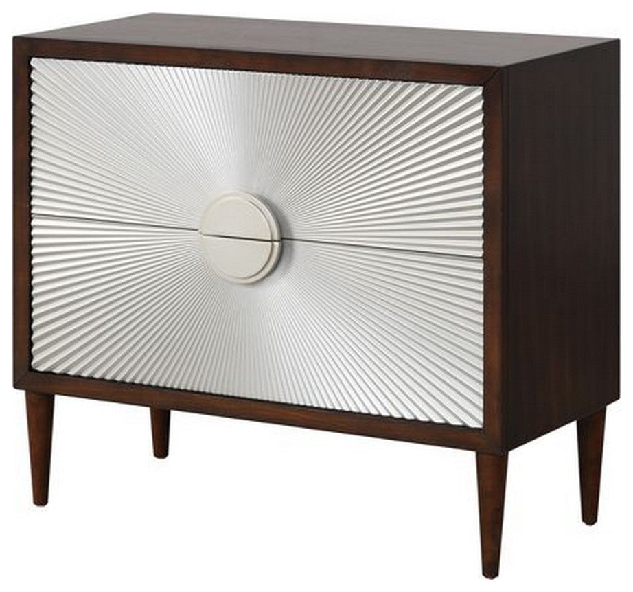 Benzara BM251150 Accent Table With Sunburst Design 2 Drawer Front, Brown/White