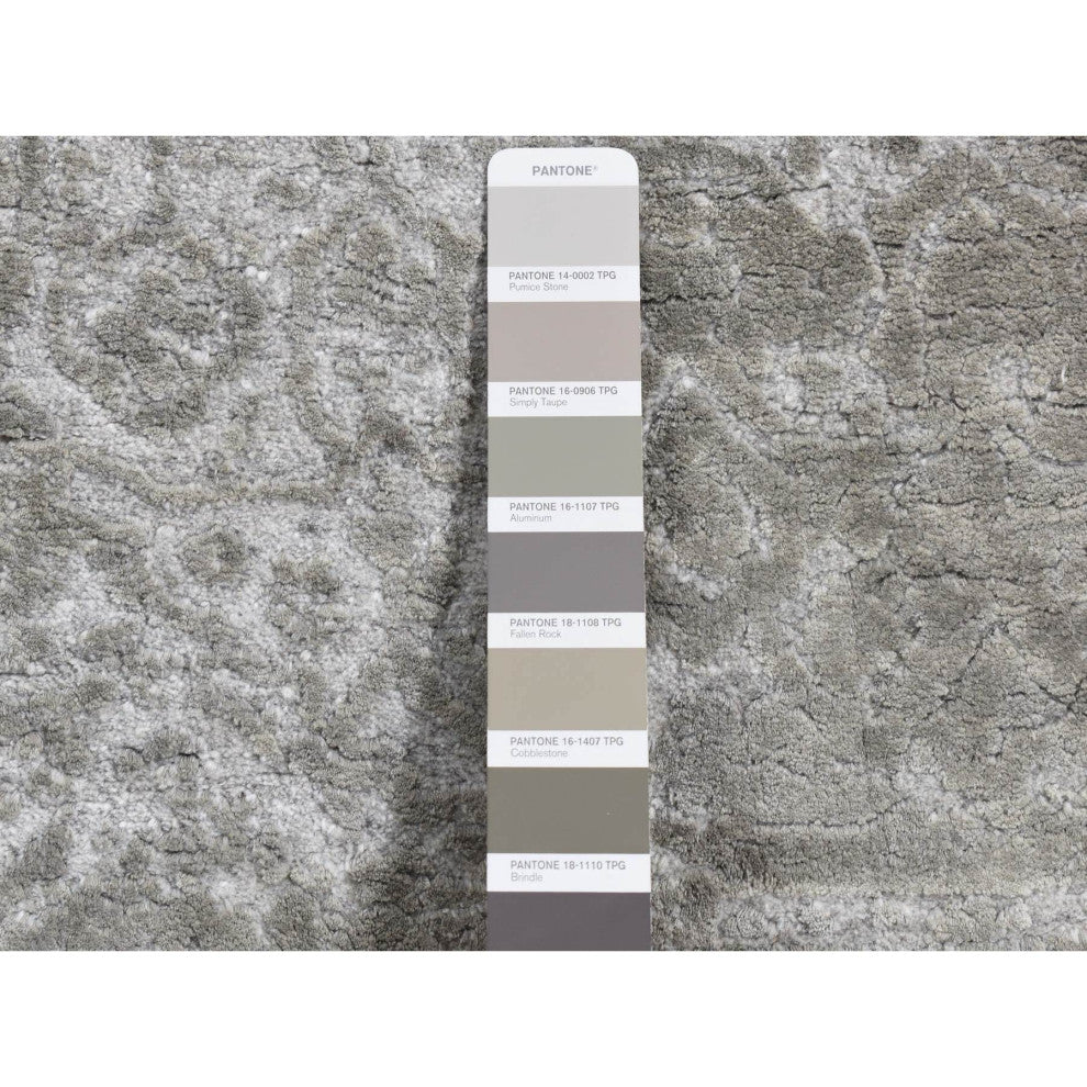 Gray Hand Knotted Wool and Silk Erased Persian Design Runner Rug 2'7" x 6'