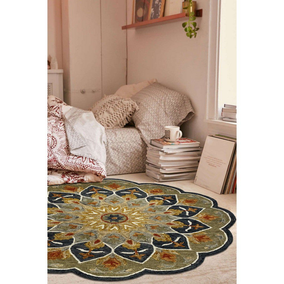 5" Round Charcoal Floral Medallion Area Rug