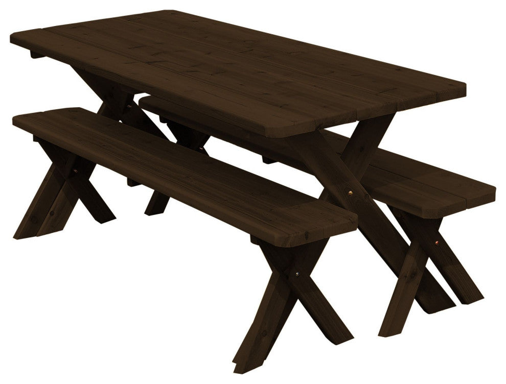 Cedar Cross-Leg Table with 2 Benches, Walnut Stain, 8 Foot