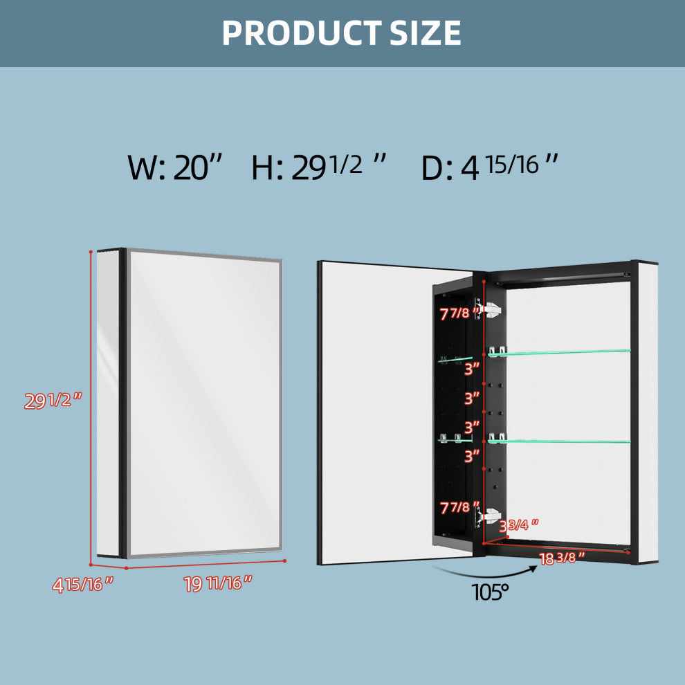 20'' W 30'' H Recessed Frameless Medicine Cabinet Mirror 3 Adjustable