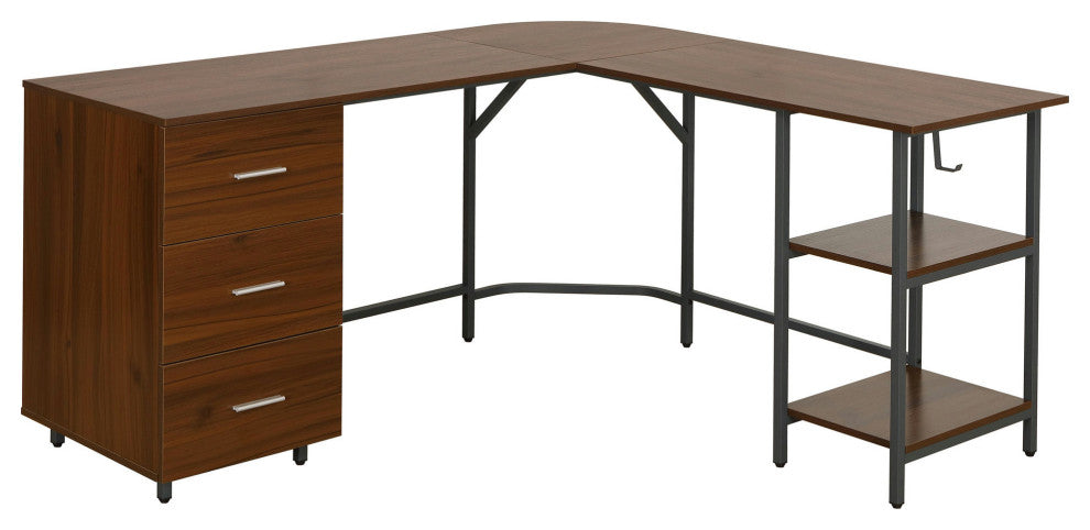 Techni Mobili L-Shape Home Office Two Tone Desk with Storage, Walnut