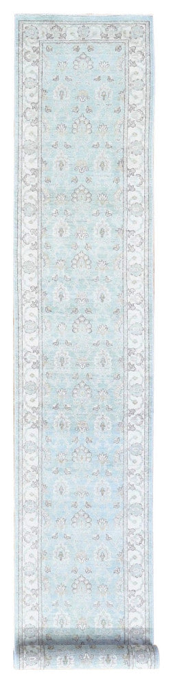 Faded Green, Fine Peshawar, Pure Wool Hand Knotted XL Runner Rug, 2'7"x15'10"