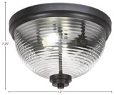 12" 2-Light Flush Mount Light, Matte Black, Clear Ribbed Glass