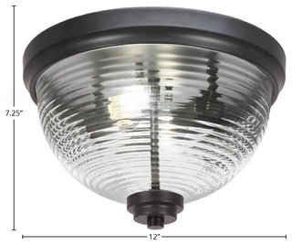12" 2-Light Flush Mount Light, Matte Black, Clear Ribbed Glass