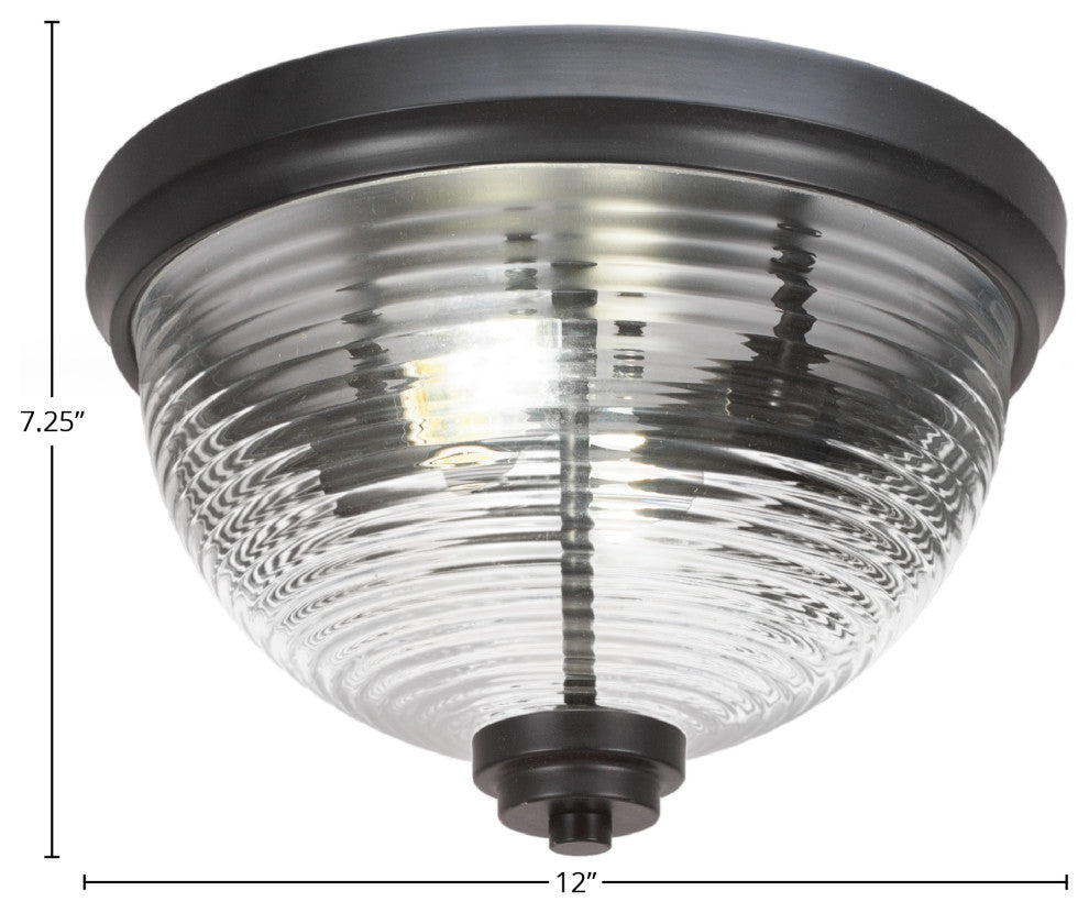 12" 2-Light Flush Mount Light, Matte Black, Clear Ribbed Glass