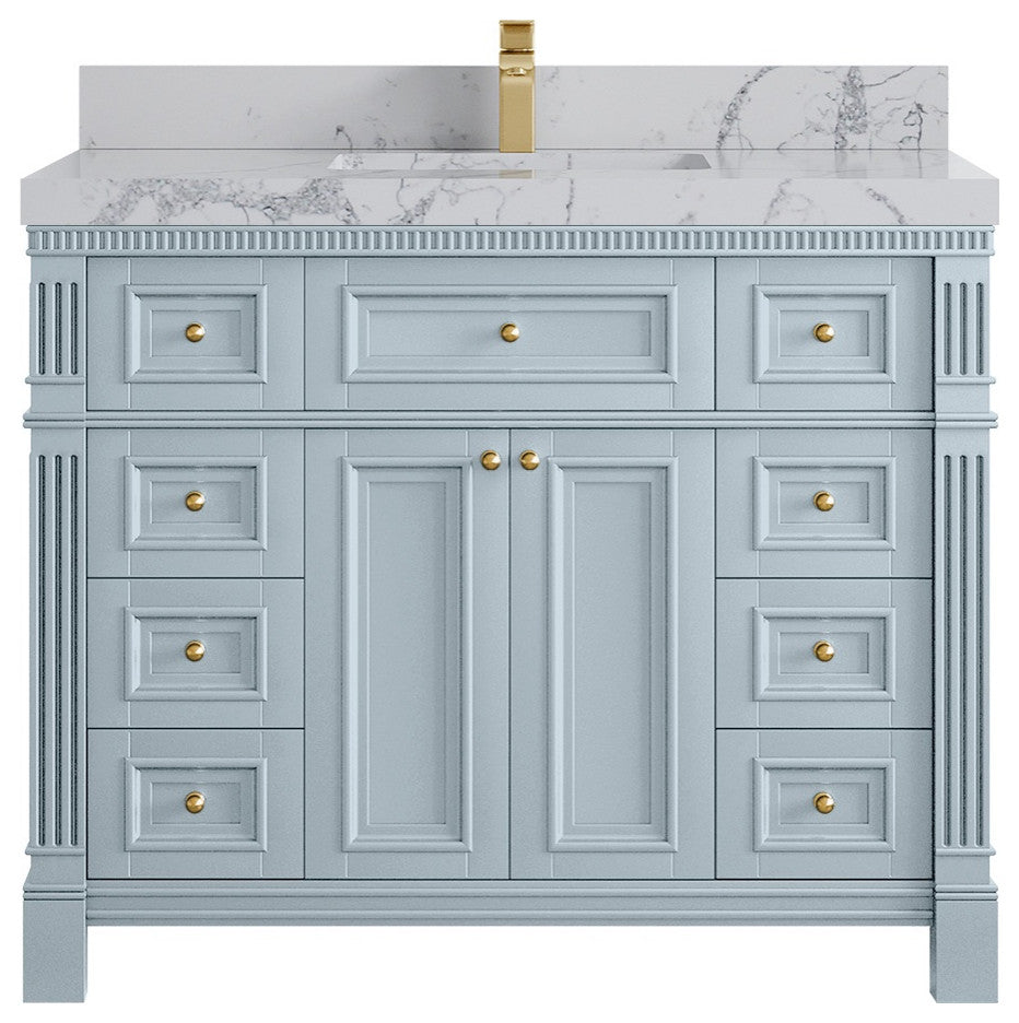 Paris 42" Single Sink Bathroom Vanity, Blue Heather 2" Venatino Quartz
