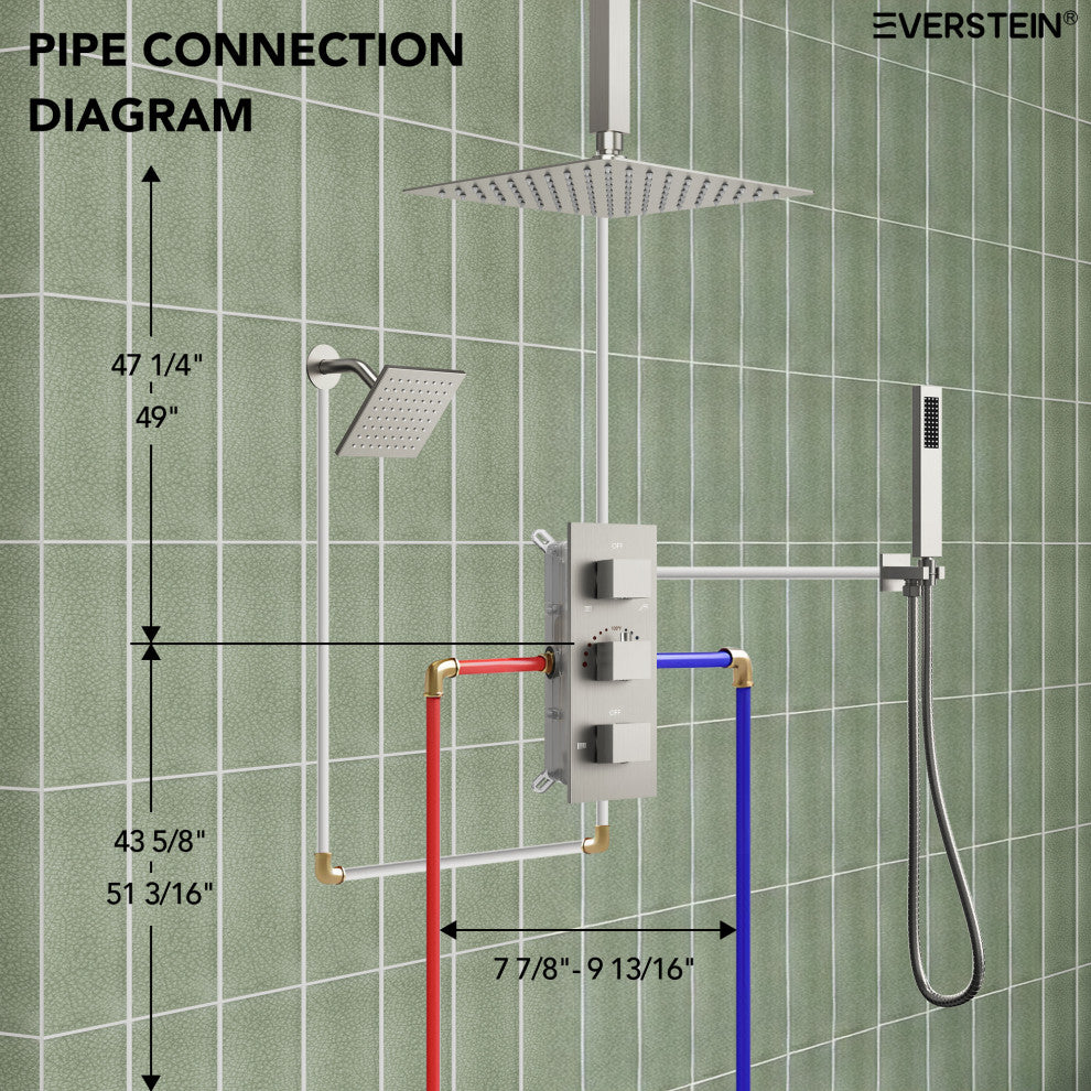 12" and 6" Dual Shower Heads With Themostatic Rough in-Valve, Brushed Nickel
