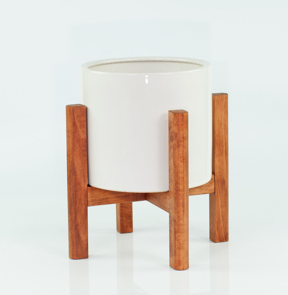 Large Ceramic Cylinder Pot 10'' White With Wood Plant Stand Walnut Color