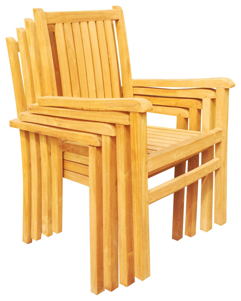 9-Piece Outdoor Teak Dining Set, 117" Oval Table, 8 Cahyo Stacking Arm Chairs