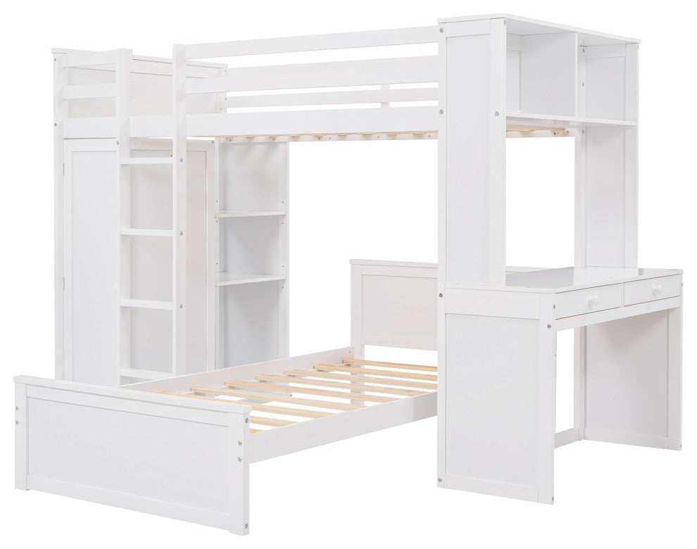 Gewnee Wood Twin size Loft Bed with Platform Bed and Wardrobe in White