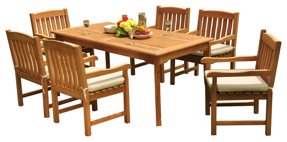 7-Piece Outdoor Patio Teak Dining Set, 71" Rectangle Table, 6 Devon Arm Chairs