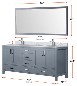 Jacques 72" Dark Gray Double Vanity Carrara Marble Top Sinks, 70" Wall Mirror
