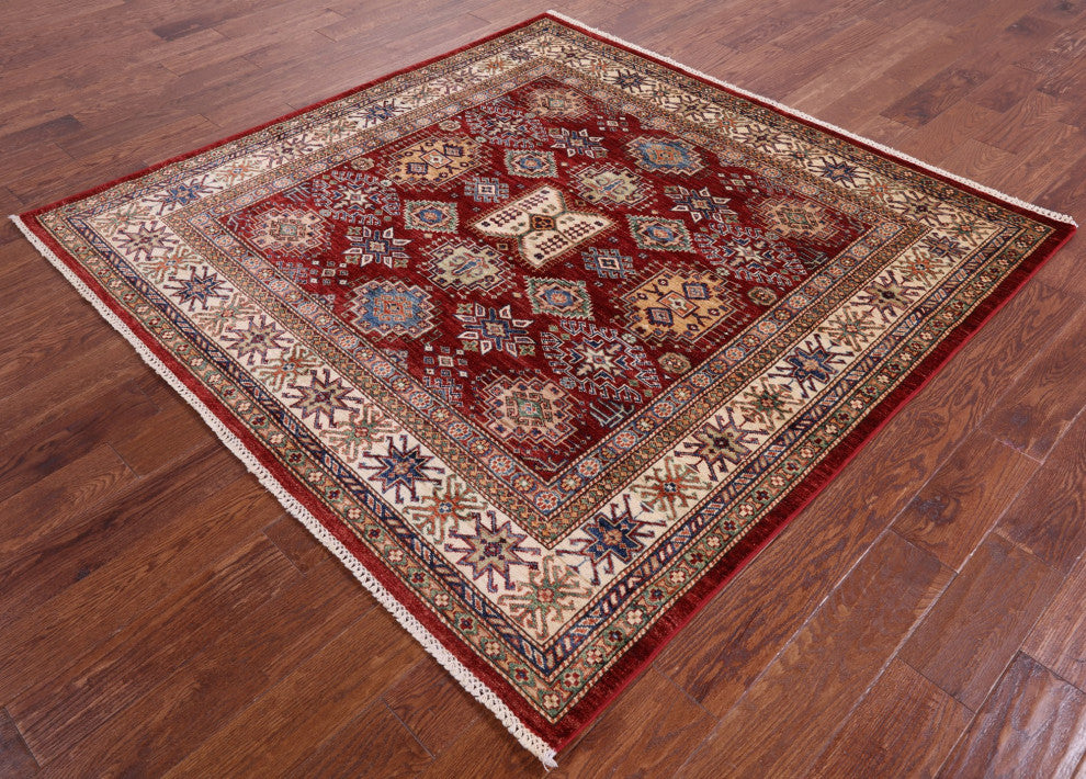 6' Square Handmade Super Kazak Wool Rug - Q12943