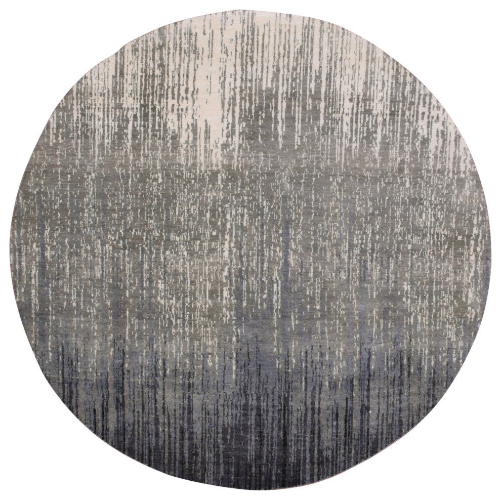 Blue/Gray Densely Woven Hand Knotted Modern Ombre Wool Round Rug, 6'0"x6'0"
