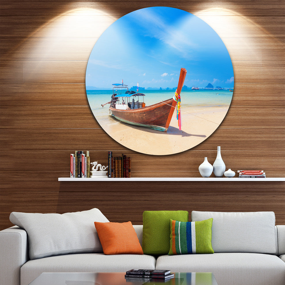 Tropical Beach With Boat, Seashore Photo Disc Metal Wall Art, 11"