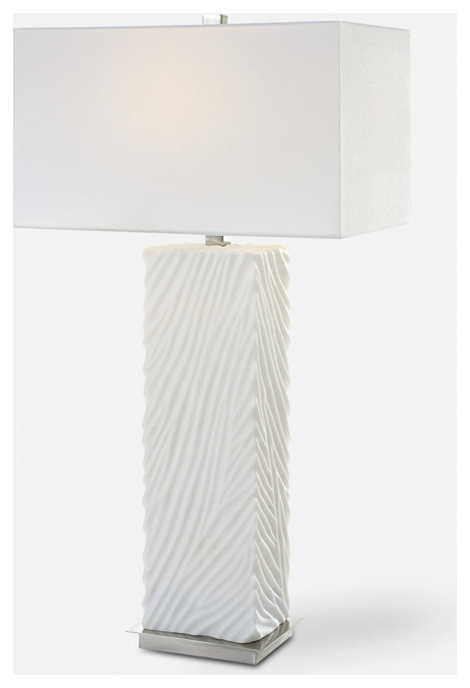 Modern Carved Faux Marble Ivory White Table Lamp 32 in Jungle Print Zebra Stripe