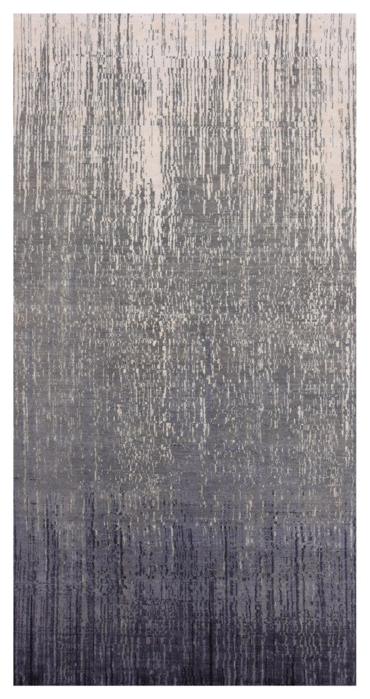 Blue, Pure Wool Hand Knotted, Modern Ombre Design Wide Runner Rug, 6'1"x12'1"