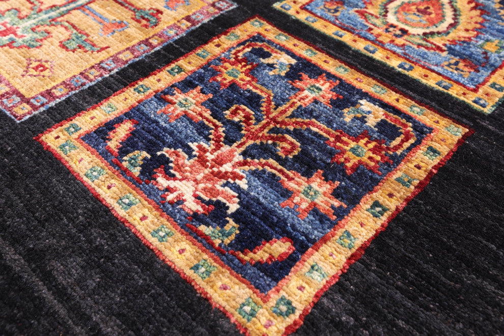 2' 8" X 6' 5" Persian Garden Design Black Handmade Wool Runner Rug Q10695