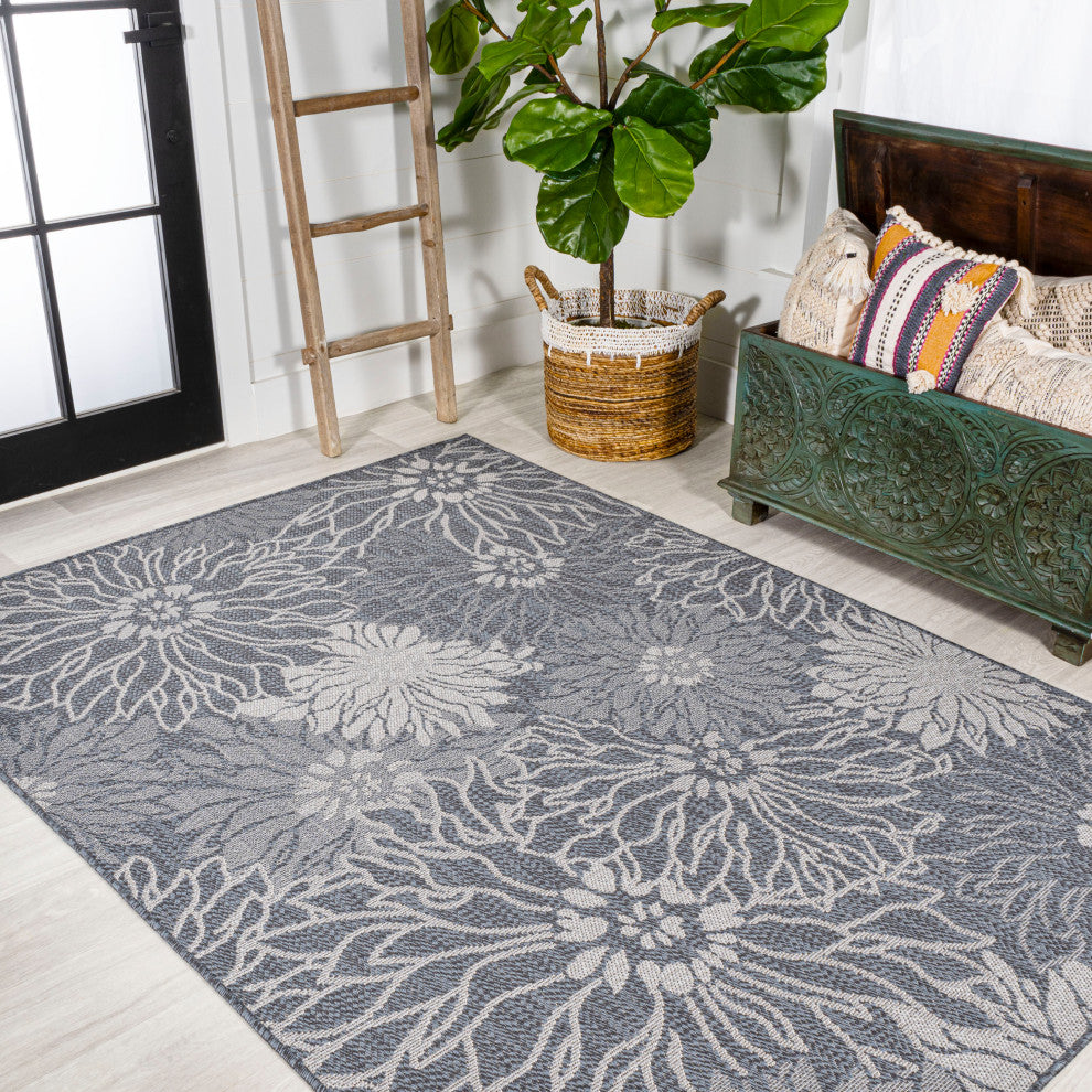 Bahamas Modern All-Over Floral Indoor/Outdoor Area Rug, Navy/Gray, 3x5