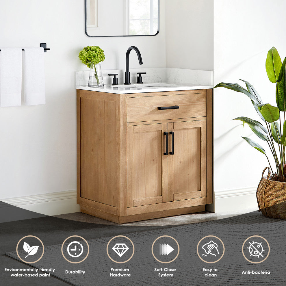 Gavino Vanity With Grain White Composite Stone Top, Light Brown/Matte Black, 30", With Mirror