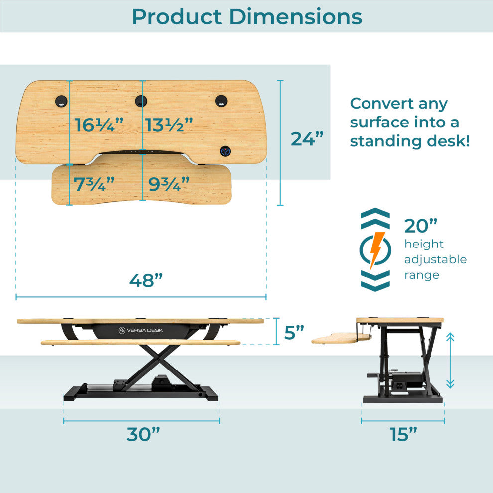 VersaDeskÂ® PowerProÂ® Electric Height Adjustable Standing Desk Converter, Maple, 48''