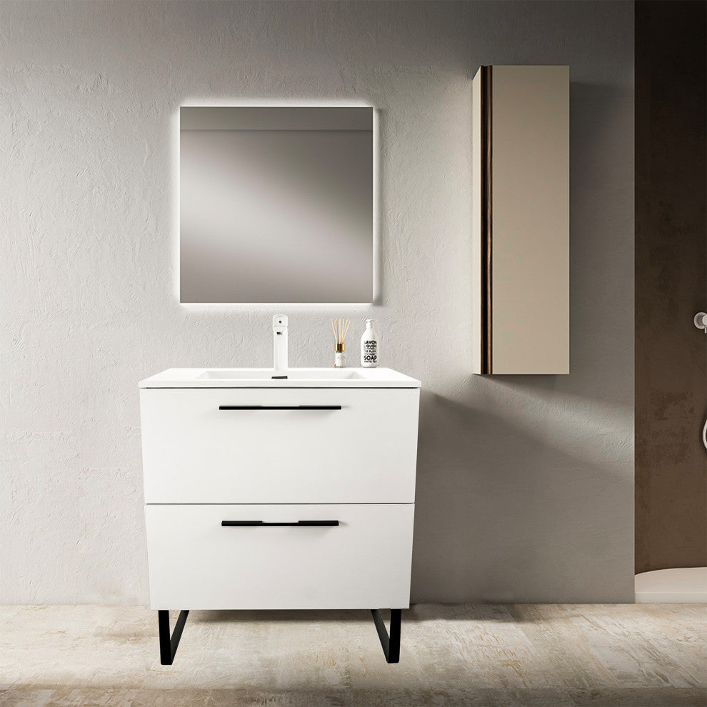 Free-Standing Single Bathroom Vanity, Acrylic Top, White High Gloss, 30"