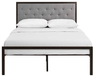 Mia Full Tufted Upholstered Fabric and Steel Bed, Brown Gray