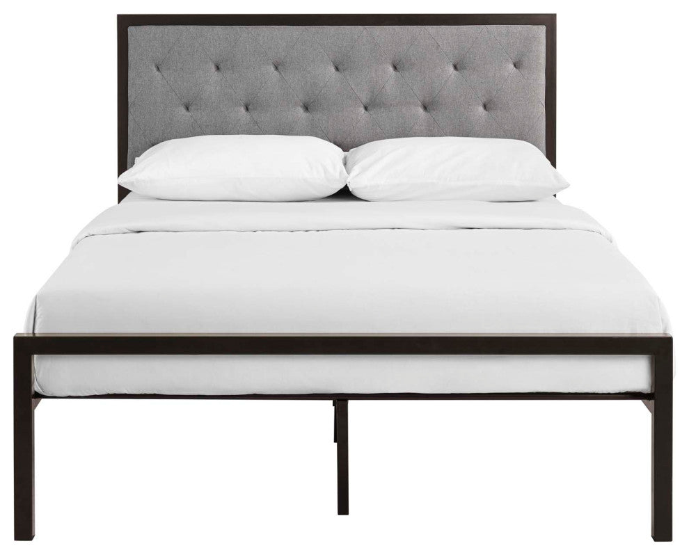 Mia Full Tufted Upholstered Fabric and Steel Bed, Brown Gray