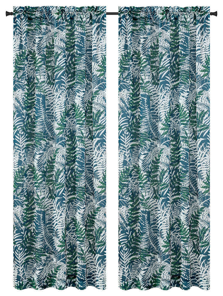 54"x63" Palm Set of 2 Faux Linen Sheer Curtain Panels, Blue-Green